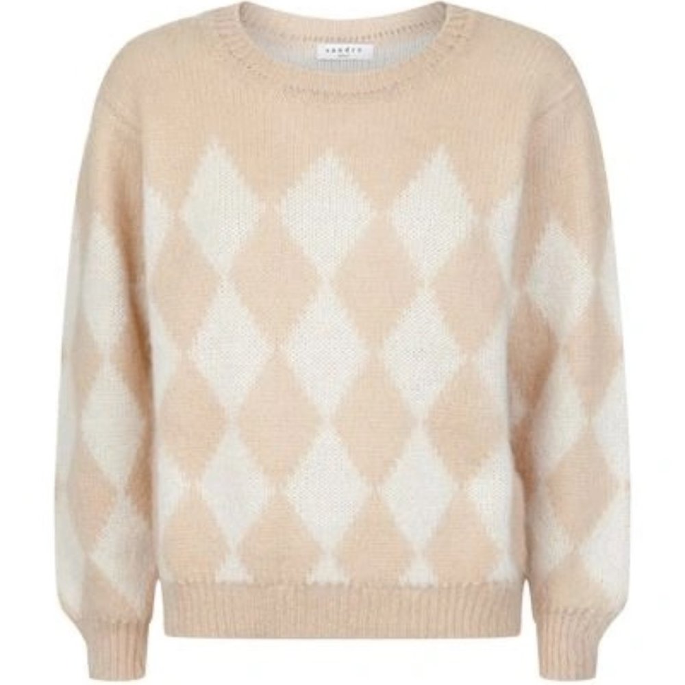 Sandro Paris Diamond Pattern Beige Sweater, Wool Mix size M